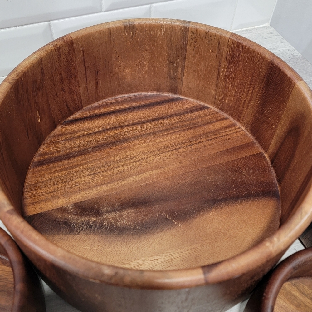 Vintage Wooden Salad Bowl Set: Serving Bowl & 4 Small Bowls - Picture 9 of 17